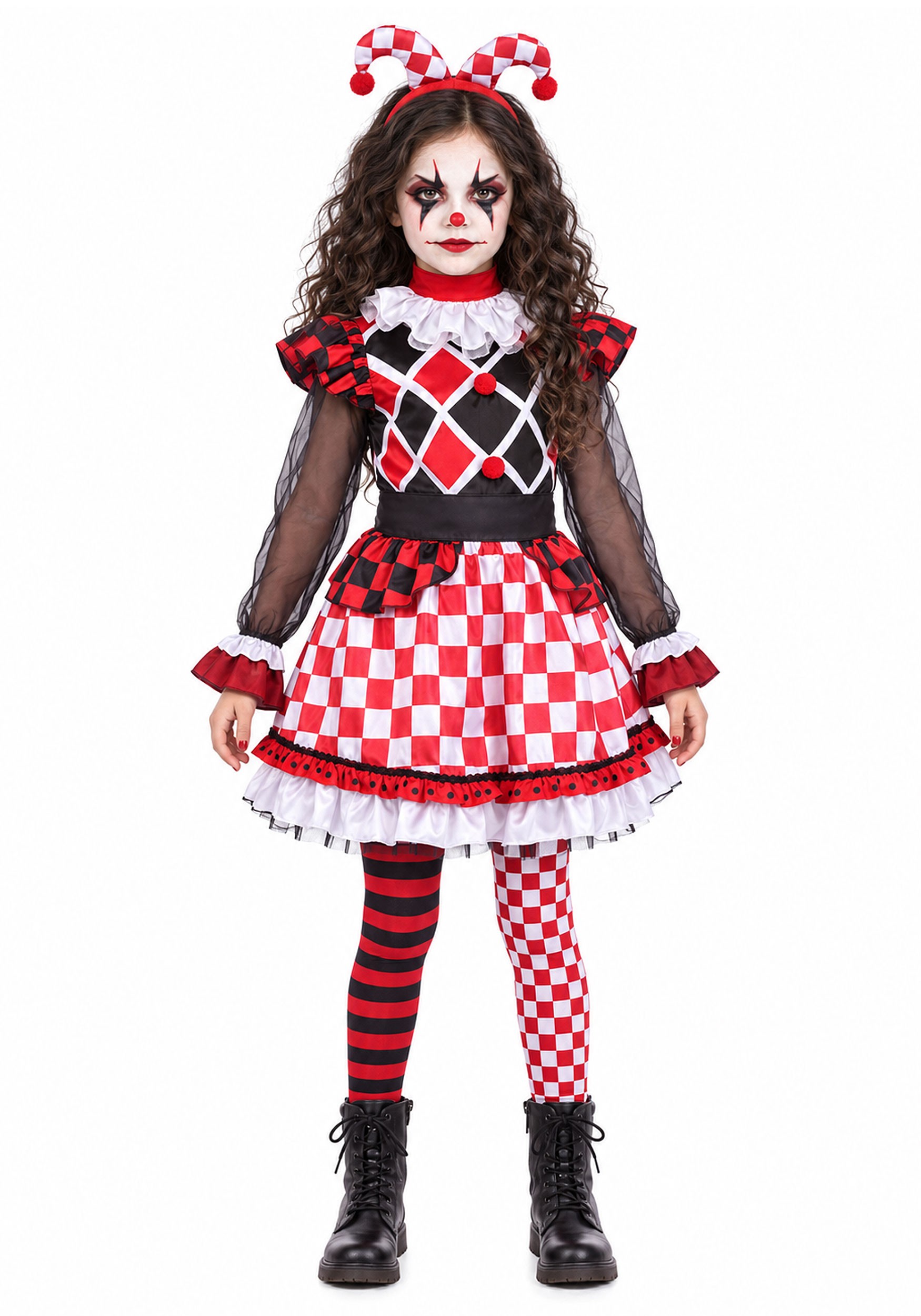 Girl's Red Wicked Jester Costume | Evil Clown Costumes