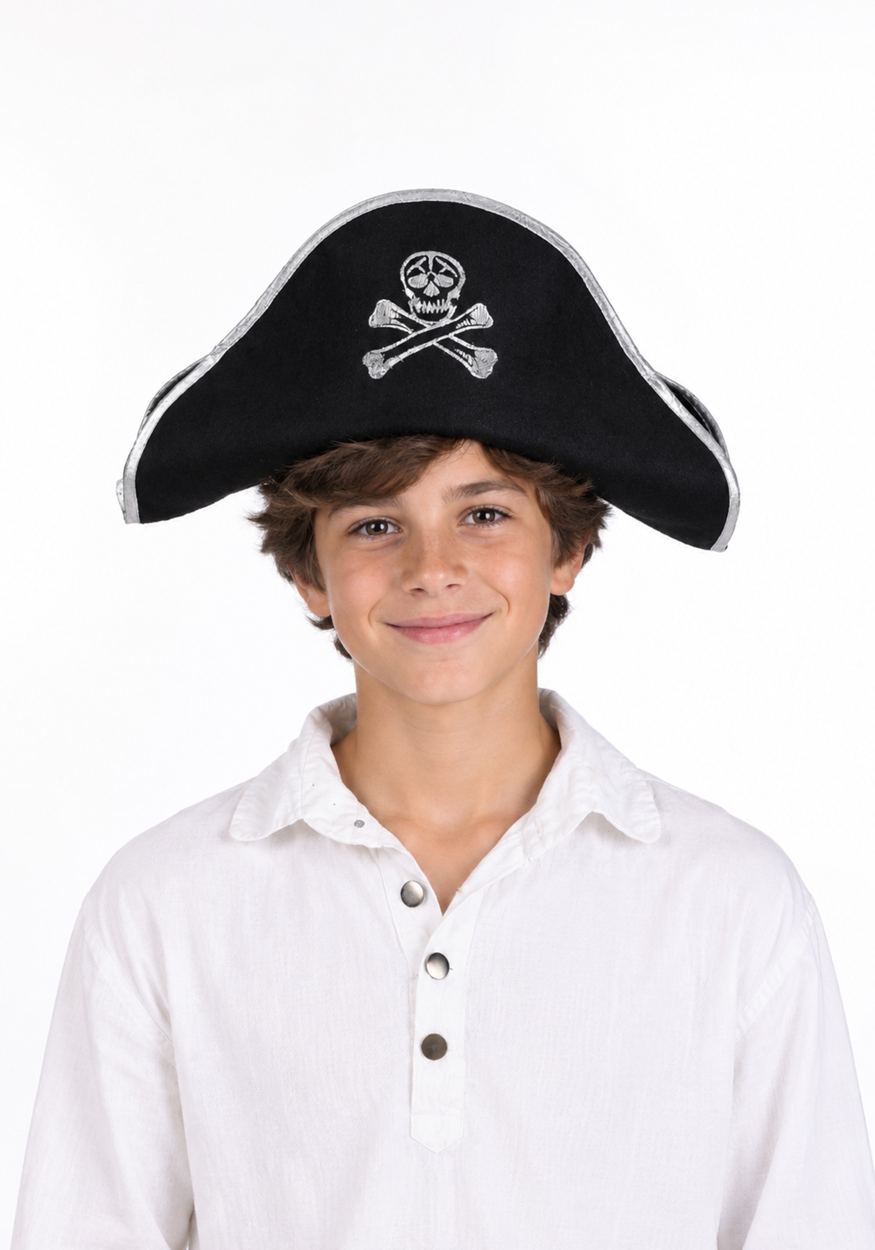 Kid's Black Pirate Costume Felt Hat with Silver Trim | Pirate Accessories