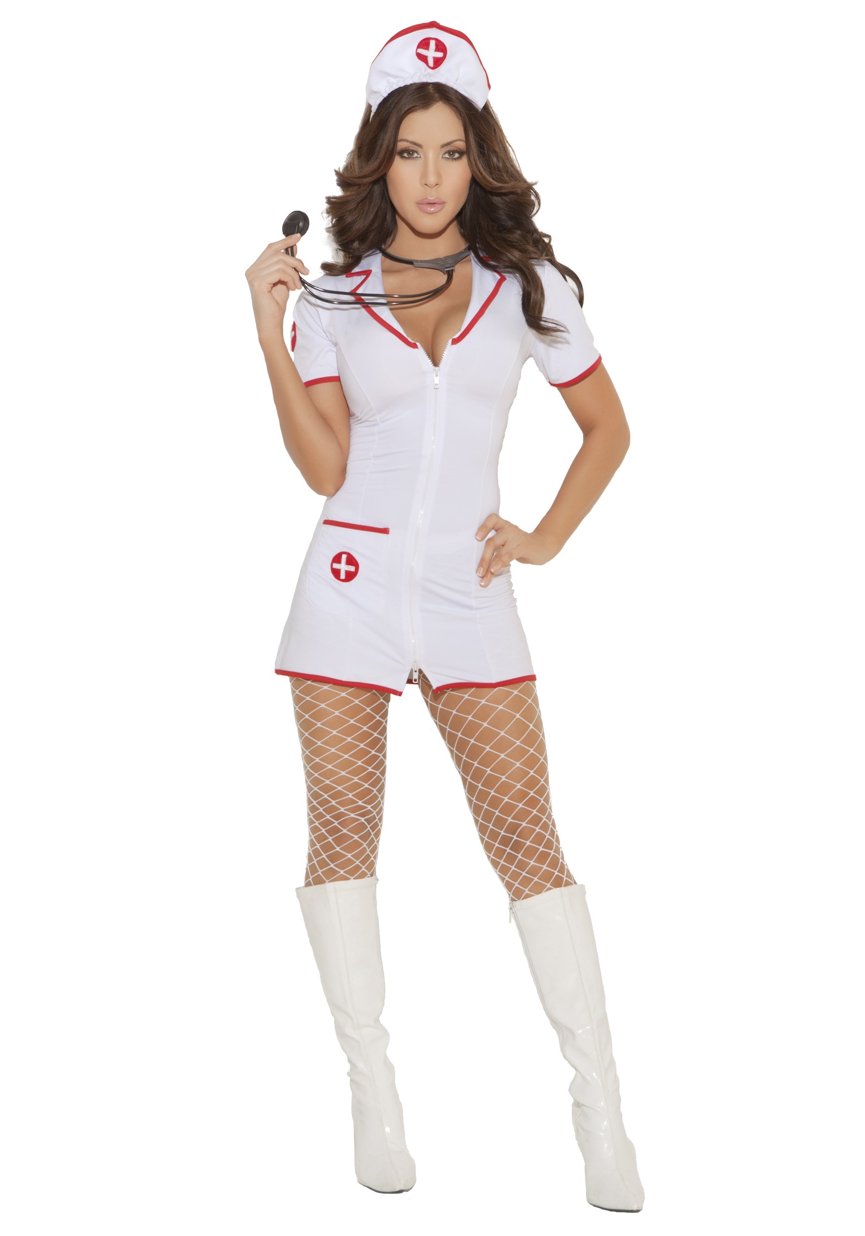 Womens Head Nurse Costume W/ Hat And White Dress