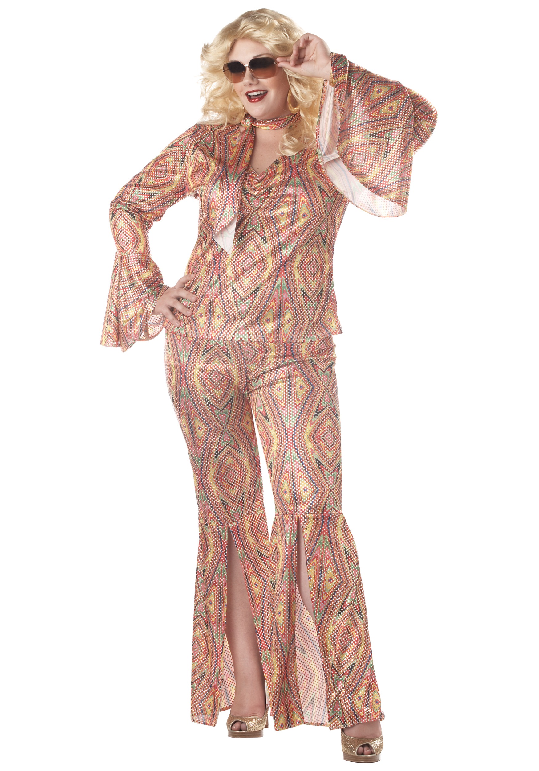 Women's Plus Size Wild Flower 70s Disco Dress Costume 