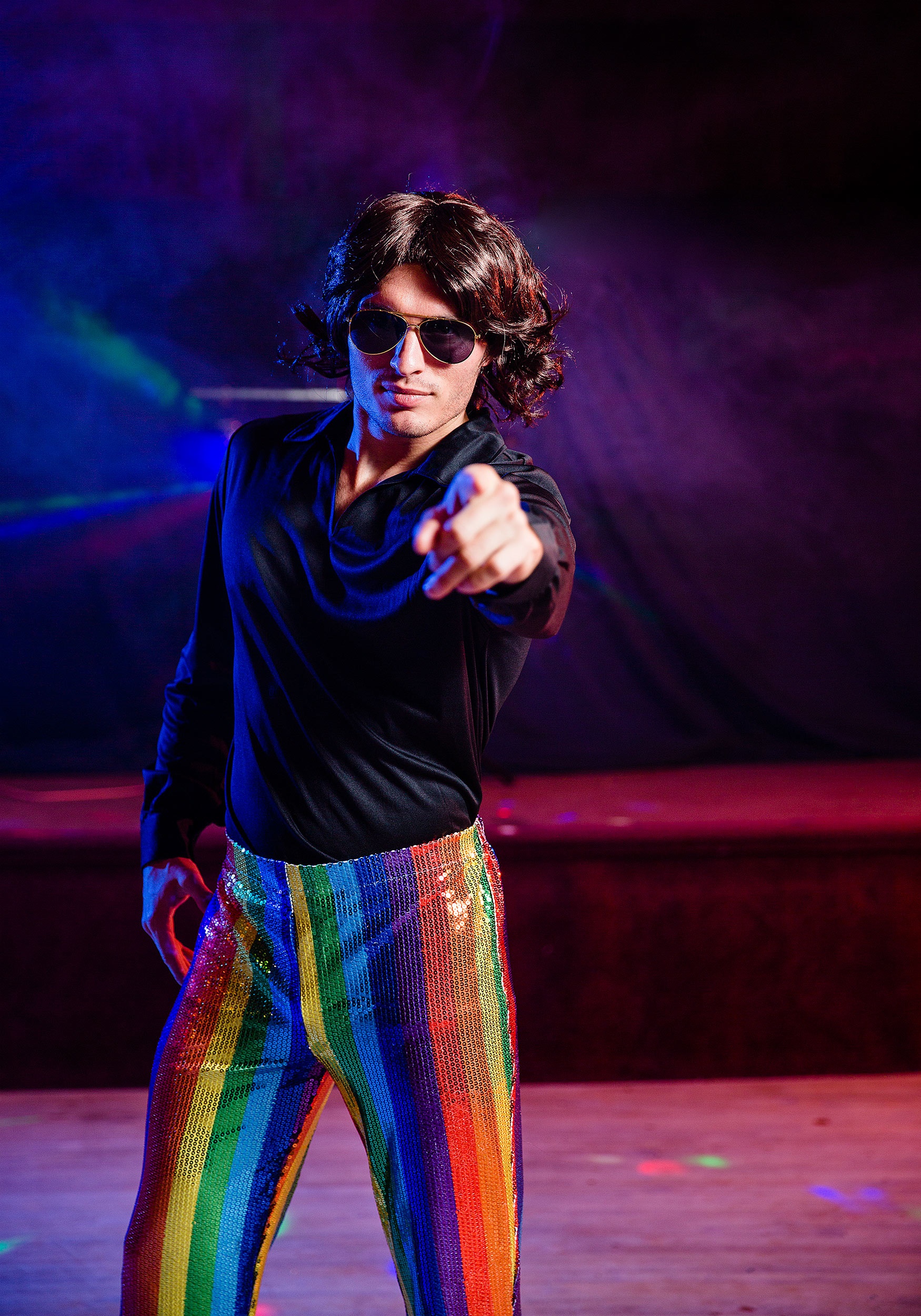 Men's Disco King Costume W/ 70s Sequin Rainbow Pants