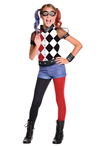 Click Here to buy DC Superhero Girls Deluxe Harley Quinn Costume from HalloweenCostumes, CDN Funds & Shipping