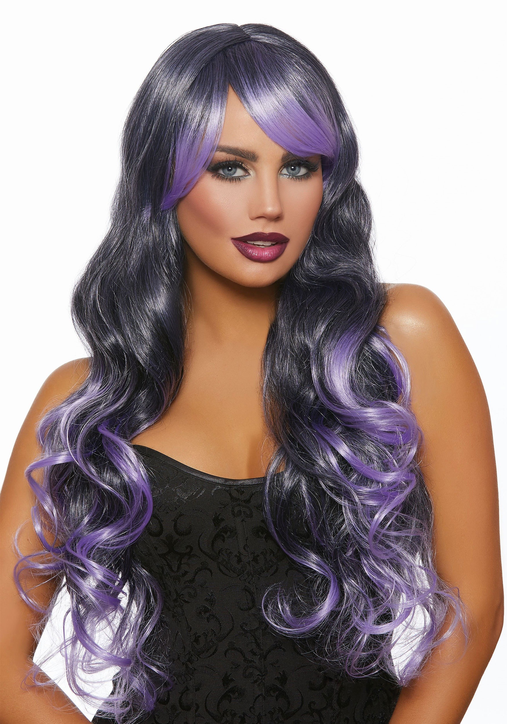 Women's Long Wavy Black/Lavender Ombre Wig
