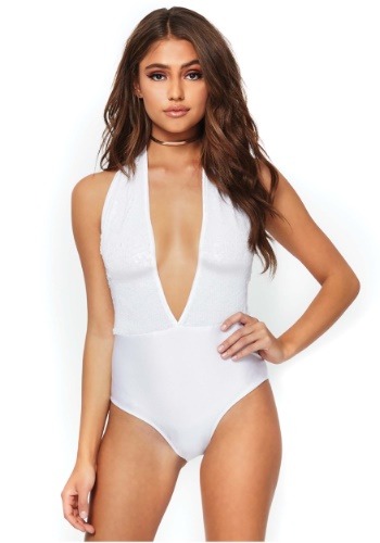 Click Here to buy White Plunging Womens Halter Bodysuit Costume from HalloweenCostumes, CDN Funds & Shipping