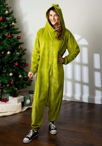 Click Here to buy The Grinch Adult Onesie Costume from HalloweenCostumes, CDN Funds & Shipping