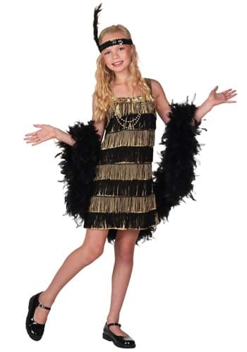 Click Here to buy Kids Gold and Black Fringe Flapper Costume from HalloweenCostumes, CDN Funds & Shipping