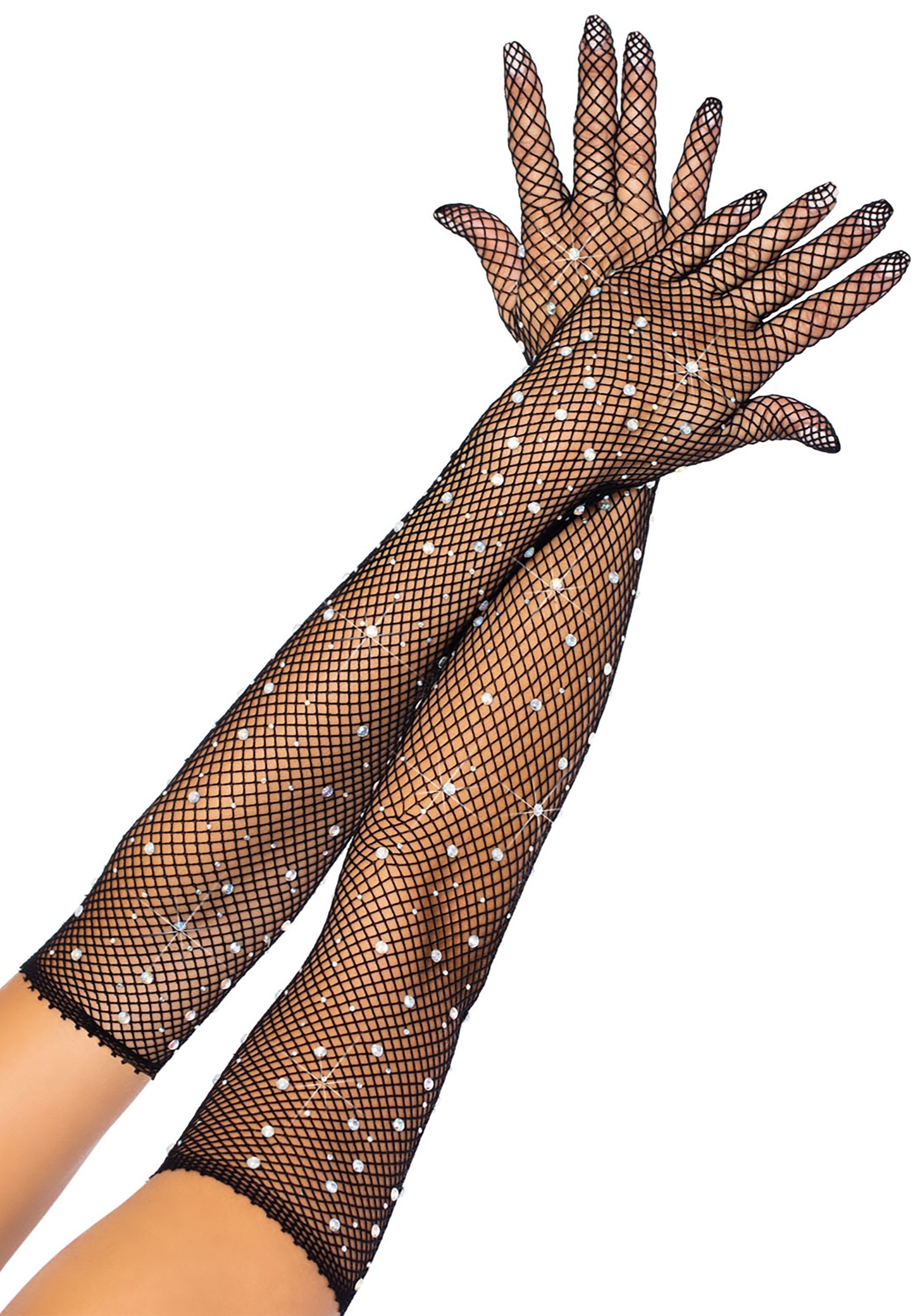 Rhinestone Fishnet Opera Length Gloves Black