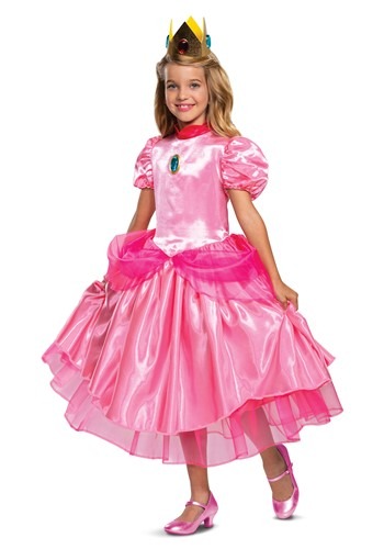 Click Here to buy Super Mario Deluxe Princess Peach Girls Costume from HalloweenCostumes, CDN Funds & Shipping