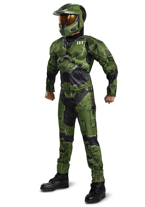 Halo Infinite Master Chief Kids Muscle Costume | Includes GLOVES And SHOE COVERS