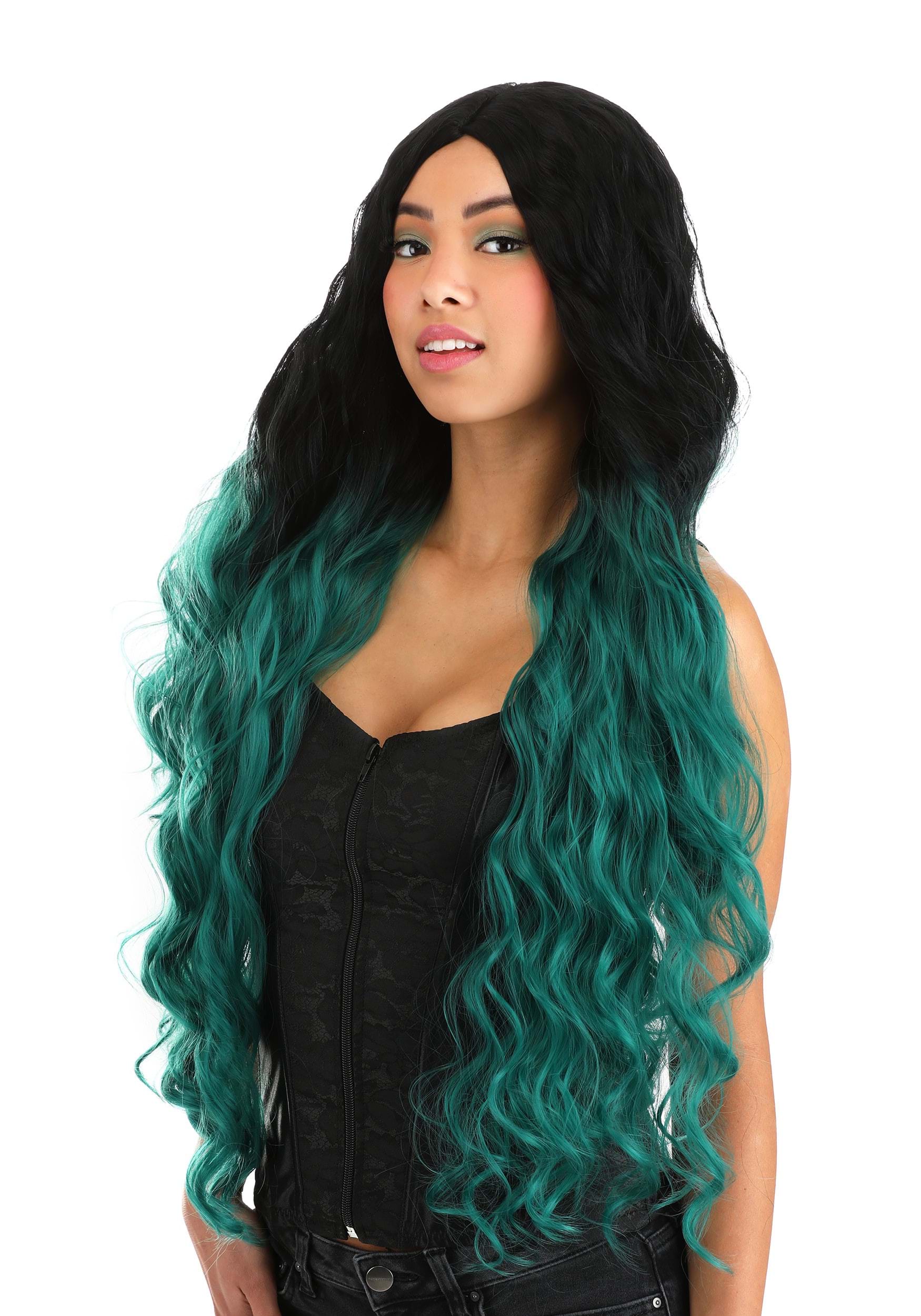 Green and Black Ombre Long Wavy Wig