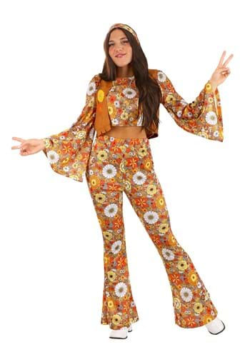 Adult 60s 70s Hippie Groovy Flower Child Bell Bottom Denim Peace Pants  Costume 