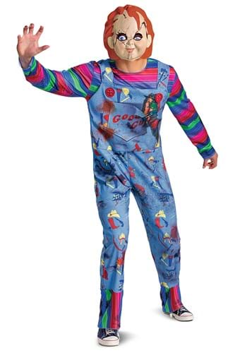 Click Here to buy Adult Kids Play Chucky Deluxe Costume from HalloweenCostumes, CDN Funds & Shipping