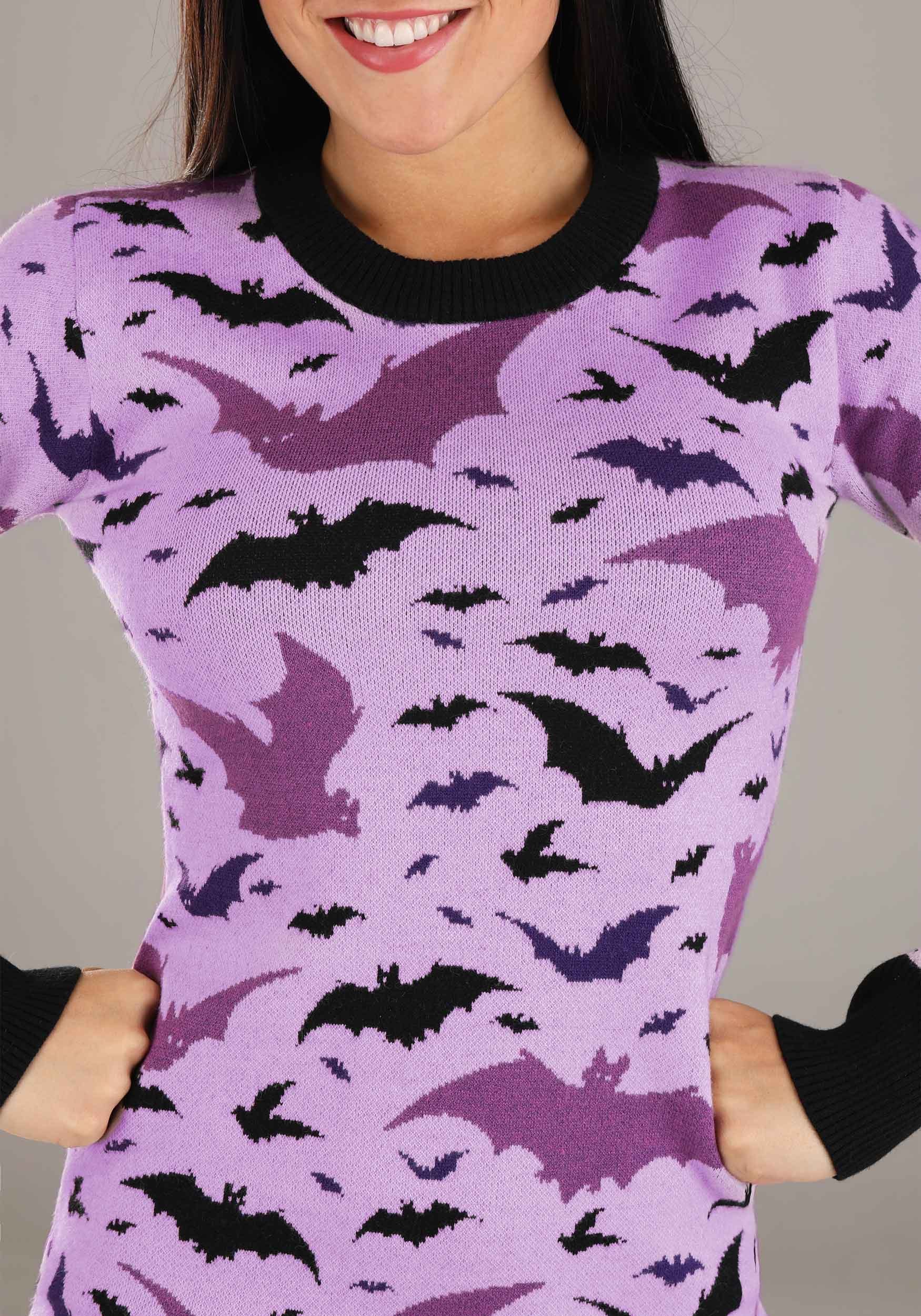 Black And Purple Bats Halloween Sweater Dress For Women