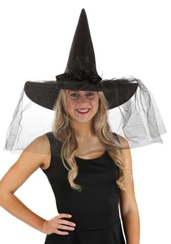 Womens Sparkly Black Witch Hat with Veil
