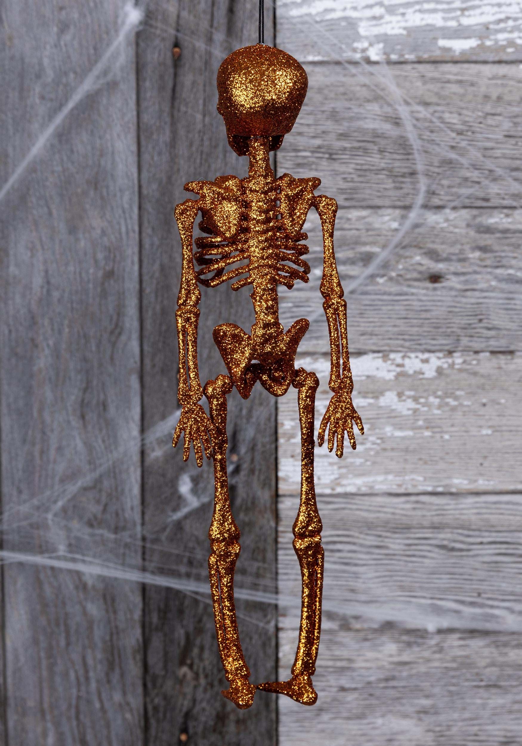 16 Glittering Orange Skeleton Halloween Prop , Mini Skeletons
