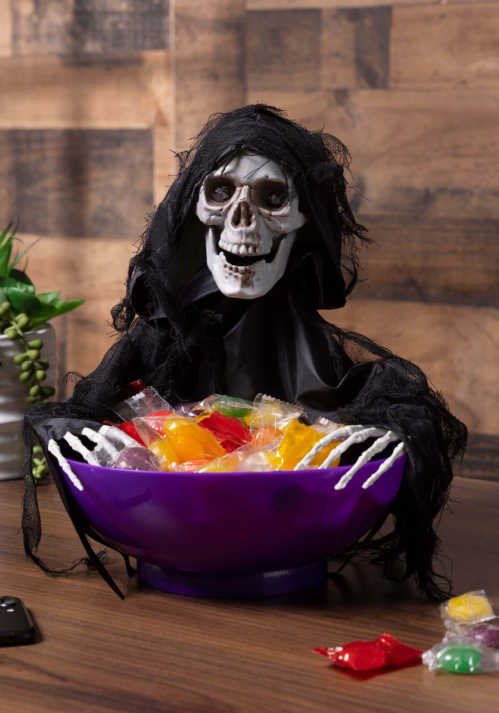 Animated Candy Bowl With Shaking Reaper Halloween Decoration.