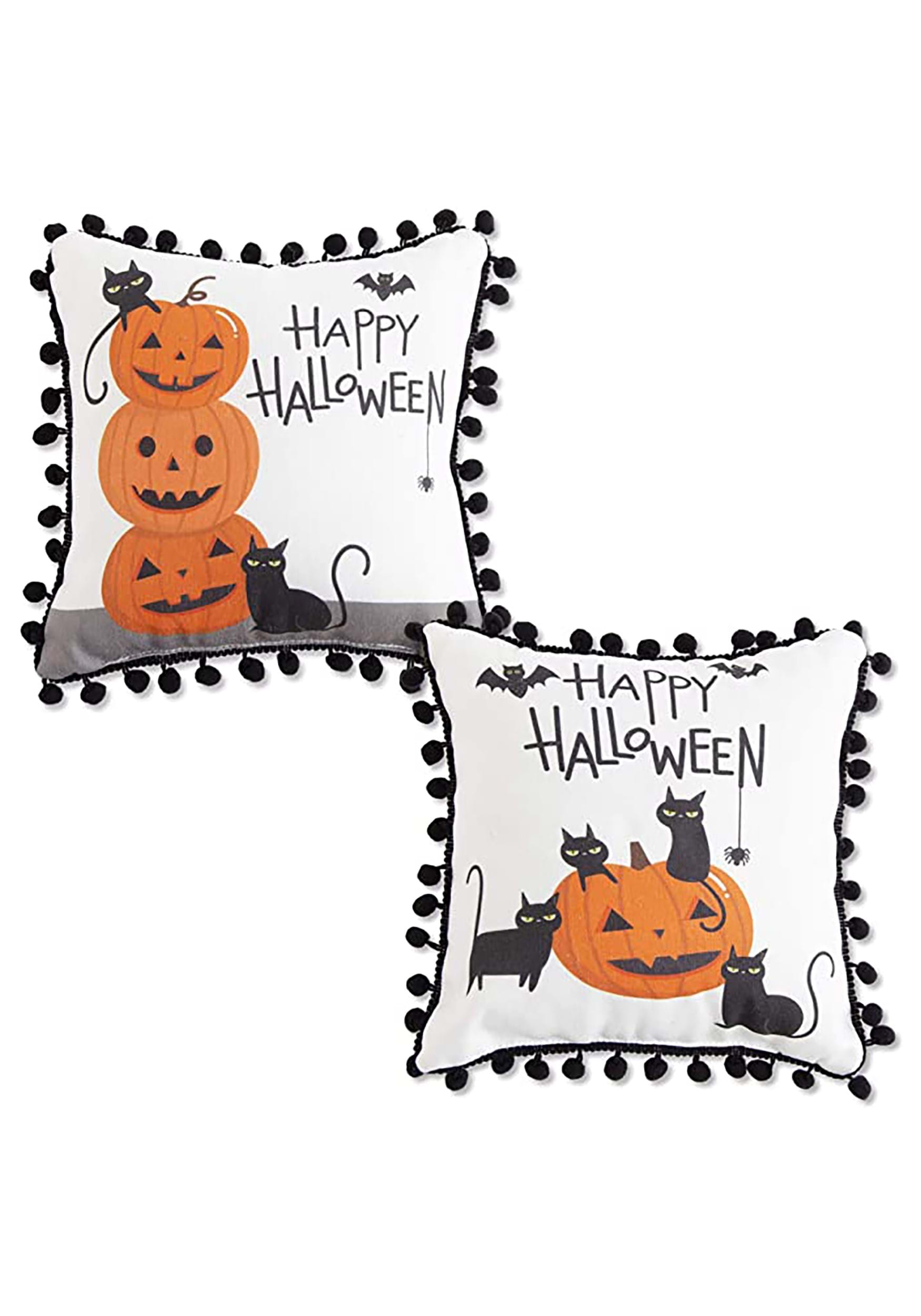 Set Of Two 9 White Happy Halloween With Black Pom Poms Decorative Pillow