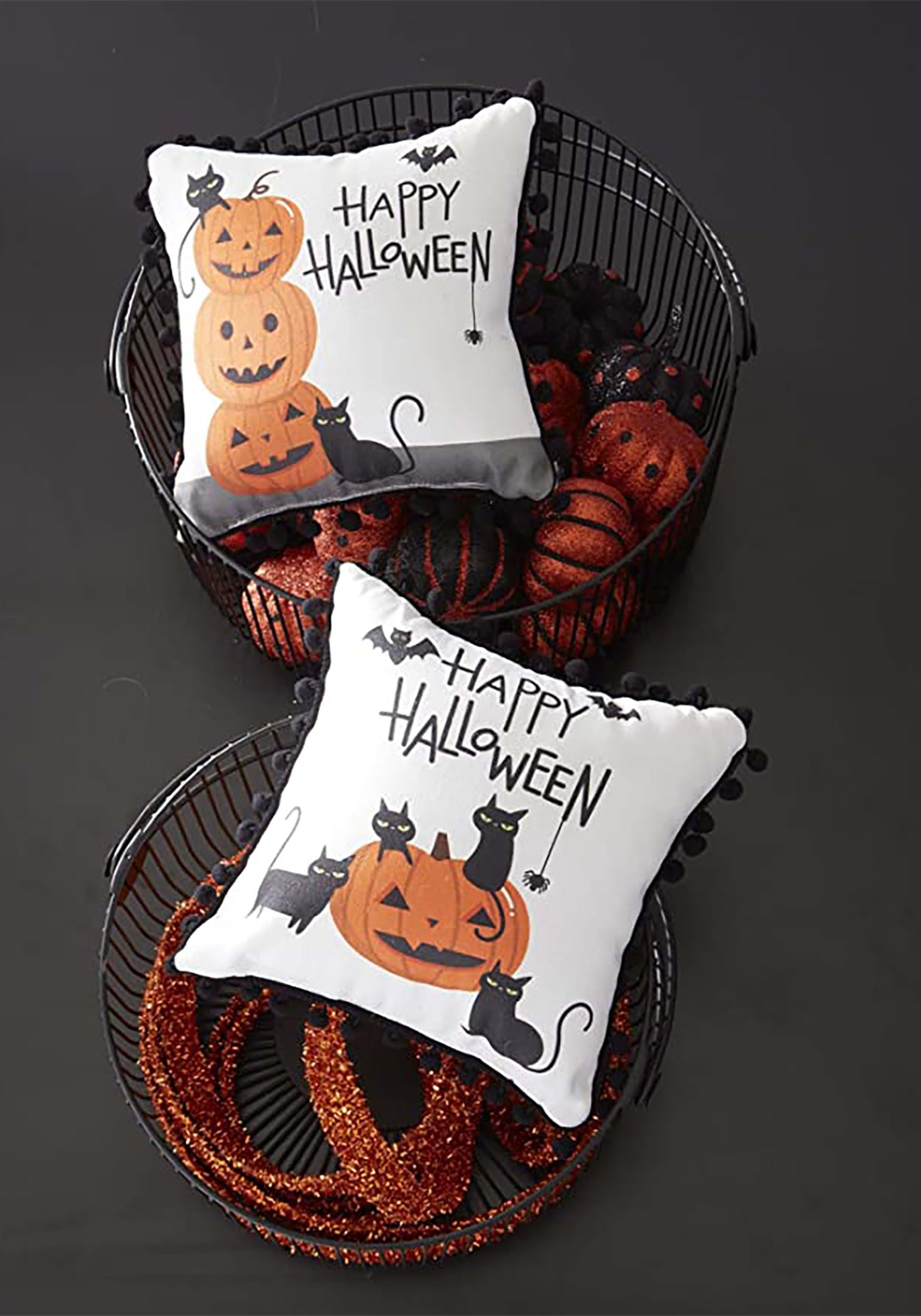 Set Of Two 9 White Happy Halloween With Black Pom Poms Decorative Pillow