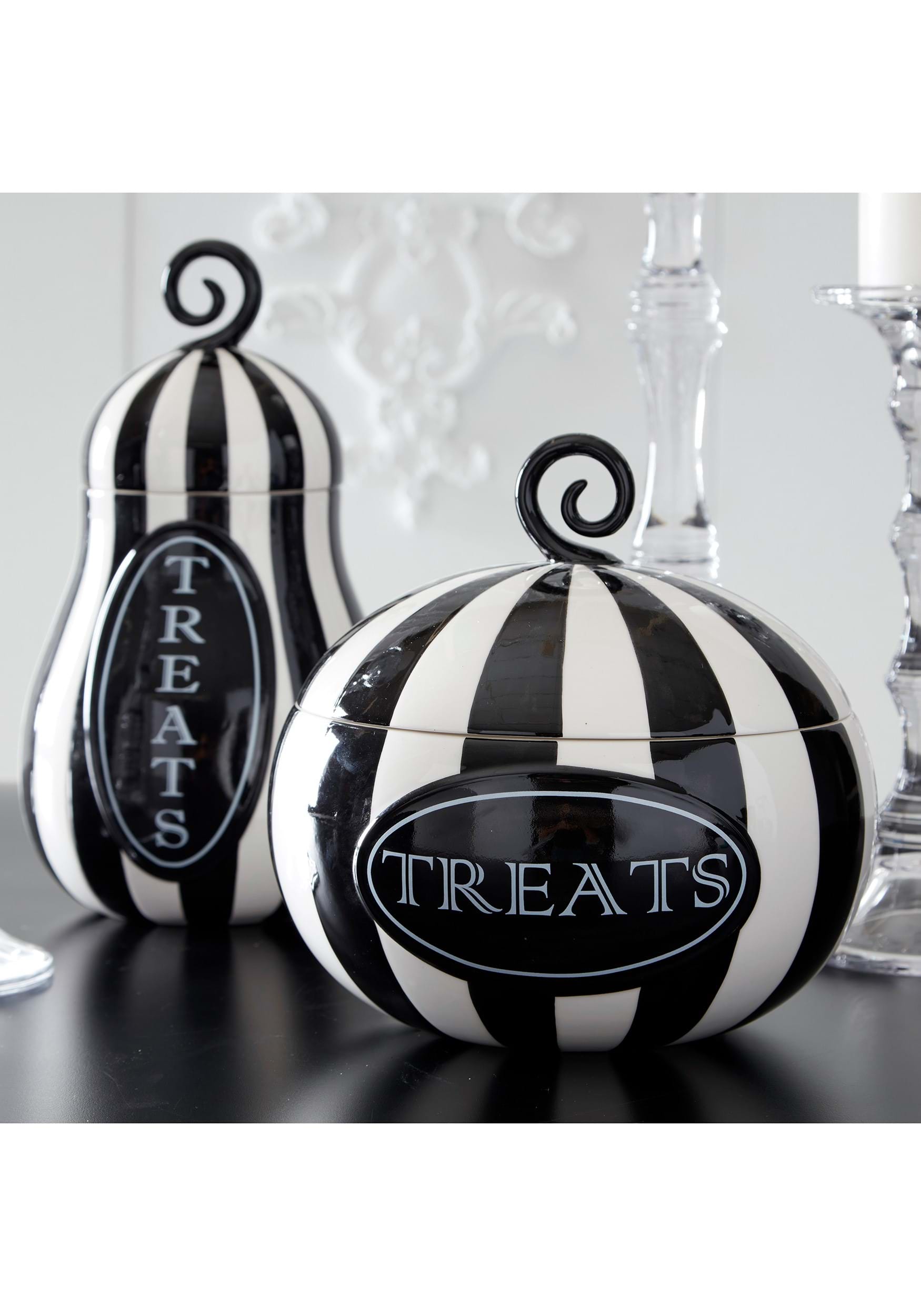 9 Inch Black And White Striped Pumpkin Treats Container