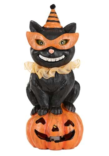 Click Here to buy 8 Inch Black Cat with Party Hat On LED Pumpkin from HalloweenCostumes, CDN Funds & Shipping