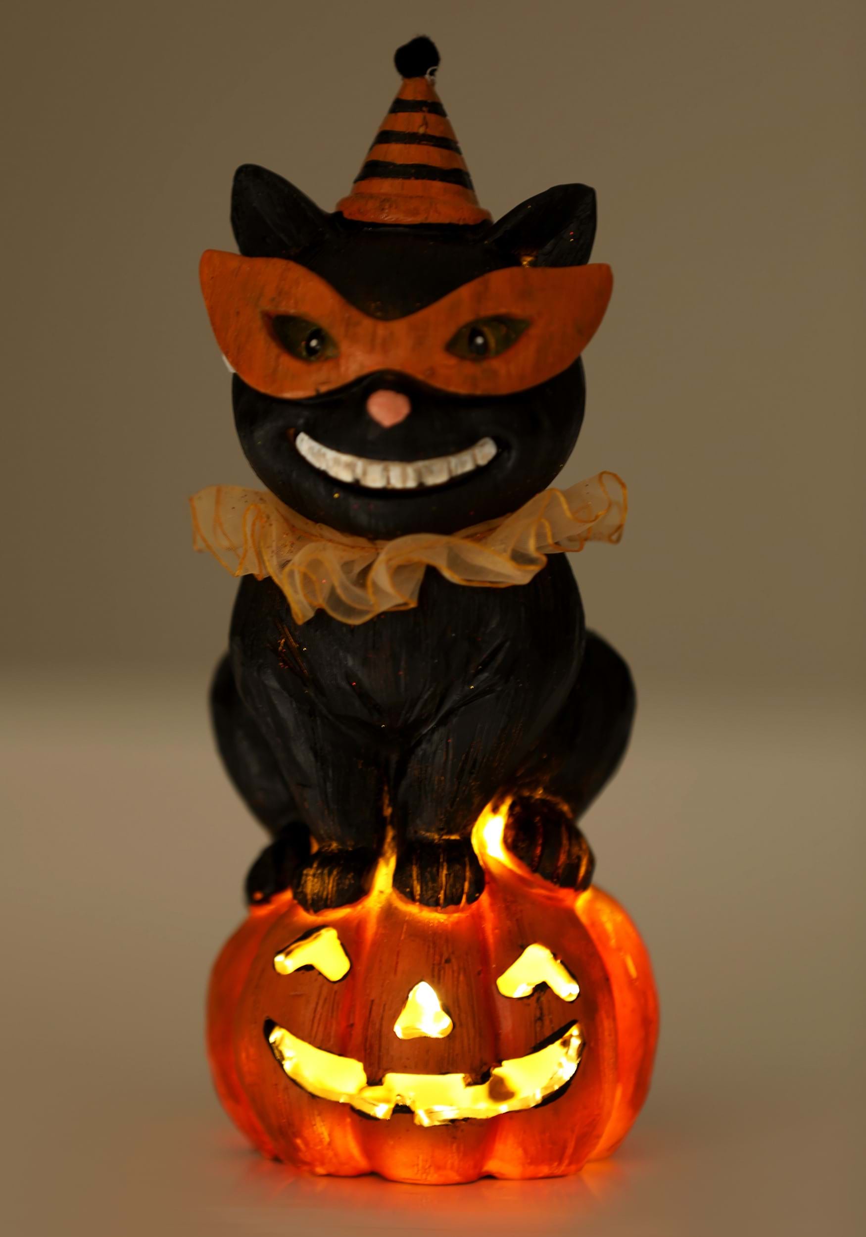 8 Inch Black Cat With Party Hat On LED Pumpkin