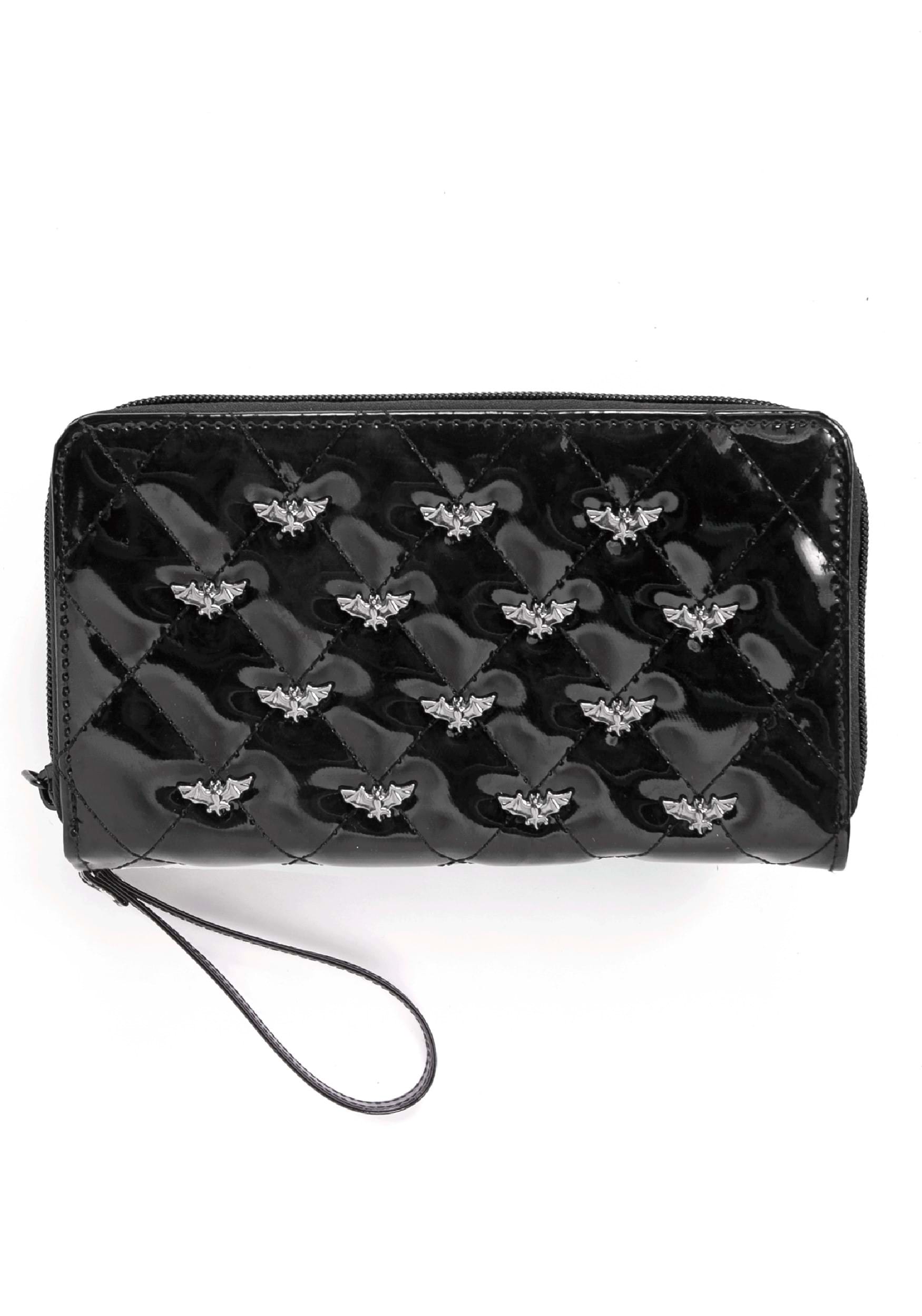 Bat Studded Quilted Faux Patent Black Wallet , Halloween Wallets