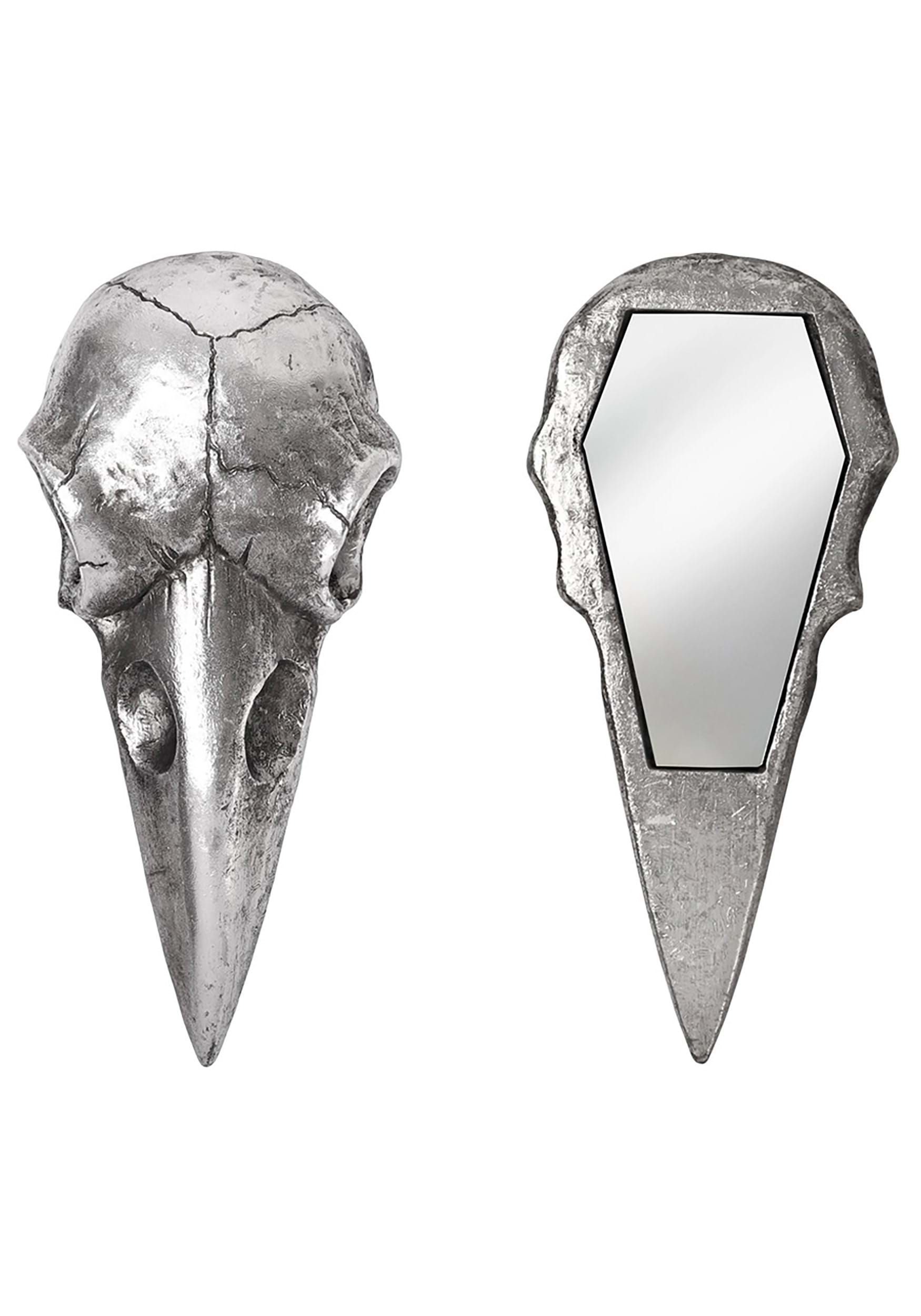 Gothic Silver Raven Skull Hand Mirror