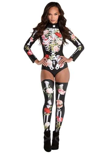 Womens Floral Bodysuit Skeleton Costume
