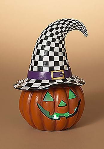 Click Here to buy 10-Inch Light Up Halloween Pumpkin with Witch Hat Prop | Pumpkin Decorations from HalloweenCostumes, CDN Funds & Shipping