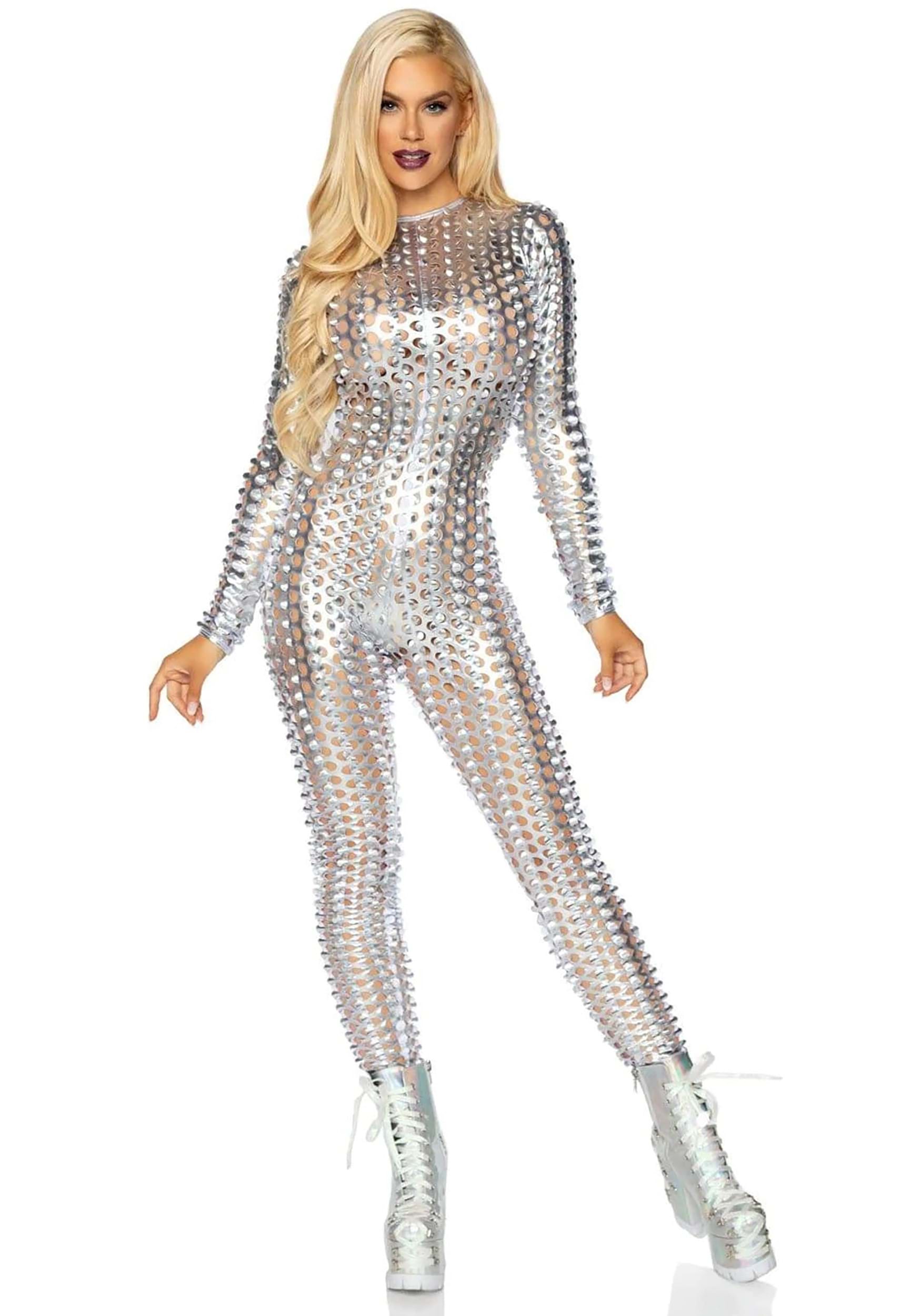 Silver Laser Cut Metallic Catsuit Women's Costume