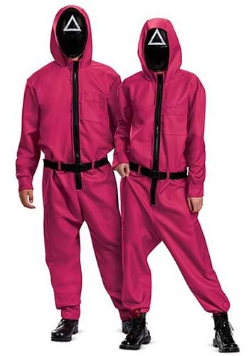 Click Here to buy Adult Squid Game Triangle Guard Jumpsuit from HalloweenCostumes, CDN Funds & Shipping