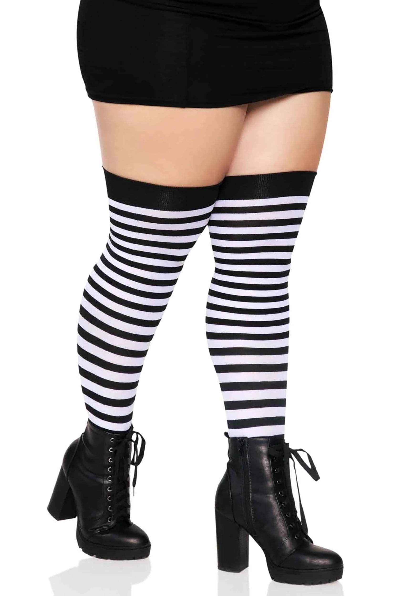 Plus Size Black And White Striped Women's Thigh High Stockings