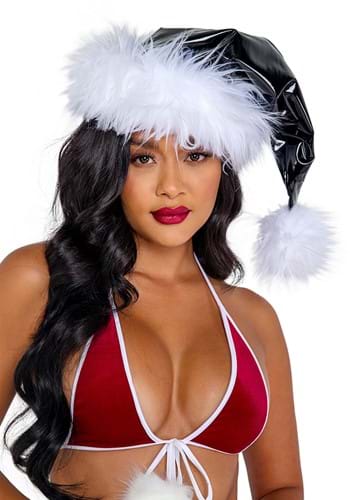 Click Here to buy Black Faux Patent Santa Hat with White Faux Fur from HalloweenCostumes, CDN Funds & Shipping