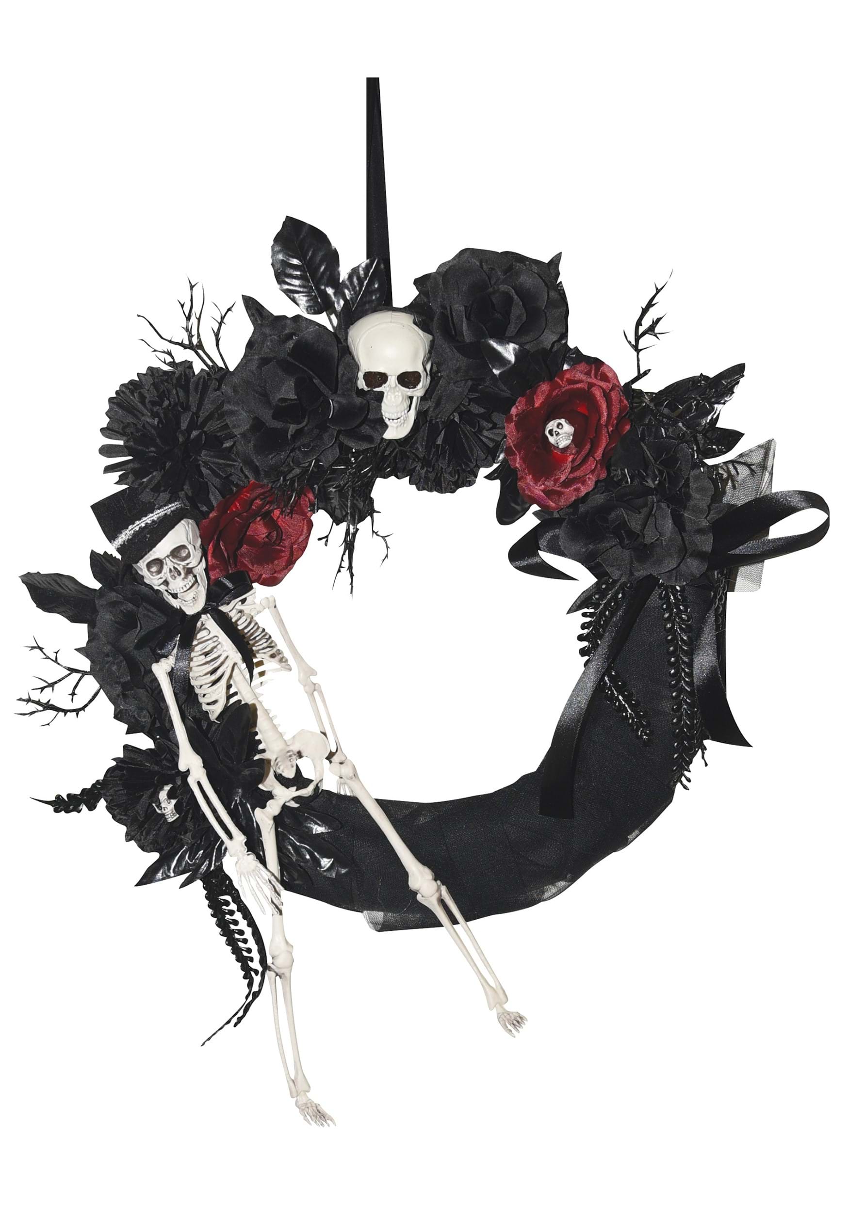 18 Black Halloween Wreath With Skeleton And Flowers Door Decoration , Halloween Wreath