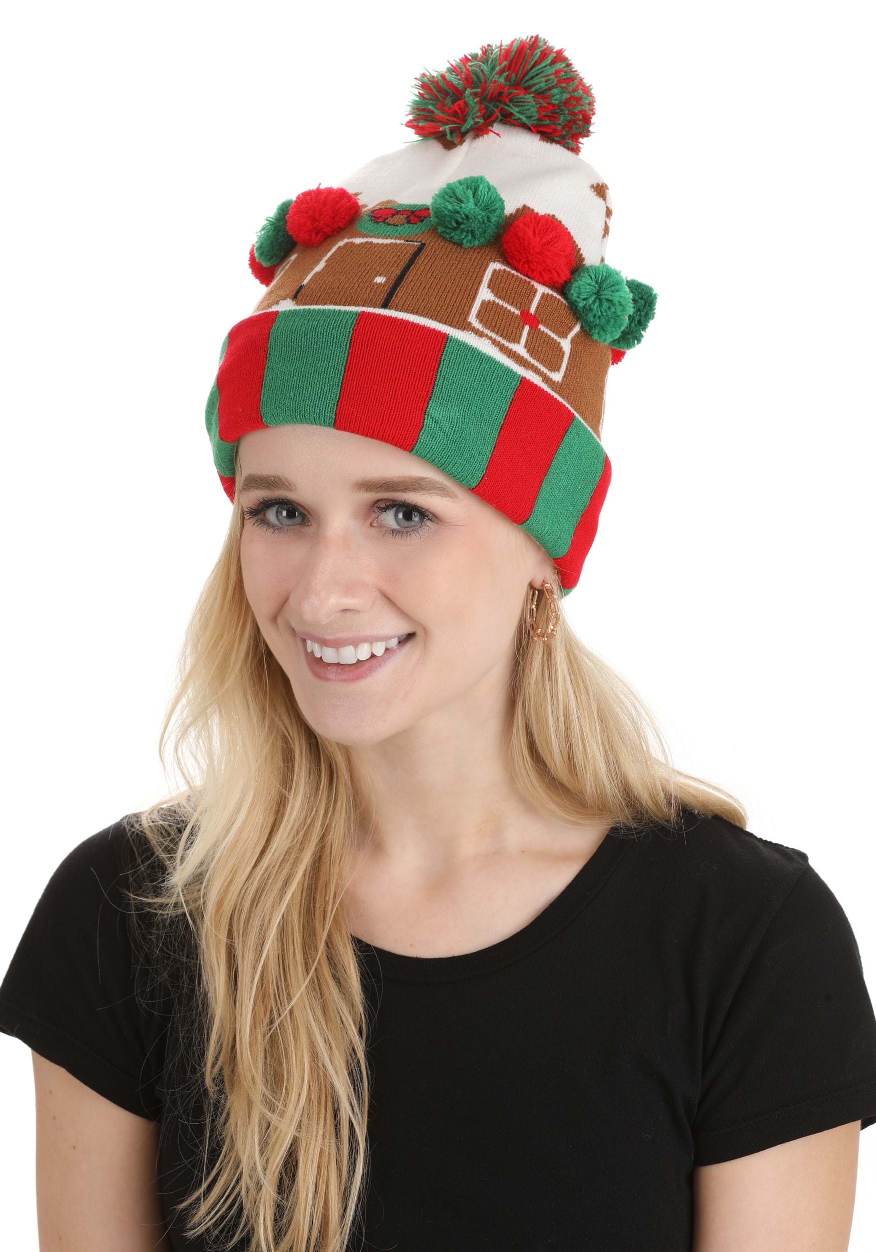 Christmas Gingerbread House Knit Hat With Pom Pom , Holiday Hats