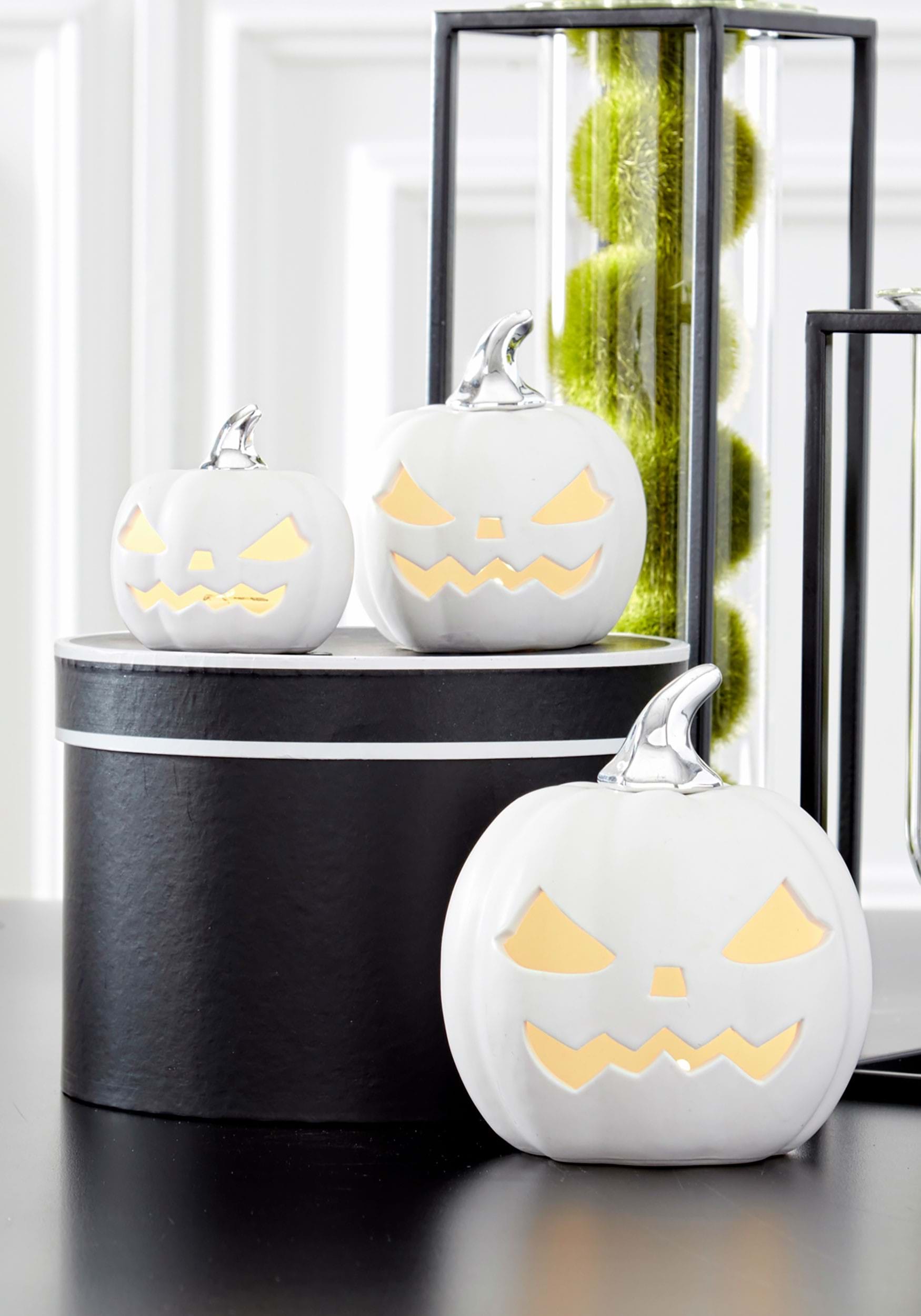 3 White Ceramic LED Jack 'O Lantern Prop , Pumpkin Decorations