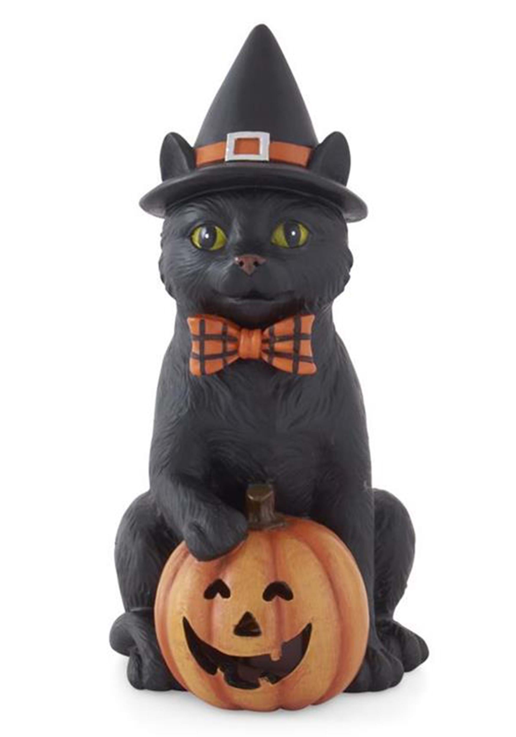 7.5 Black Cat With Witch Hat & LED Jack O Lantern Decoration