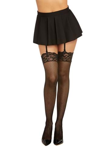 Black Thigh High Fishnet Stockings with Lace Top for Adults