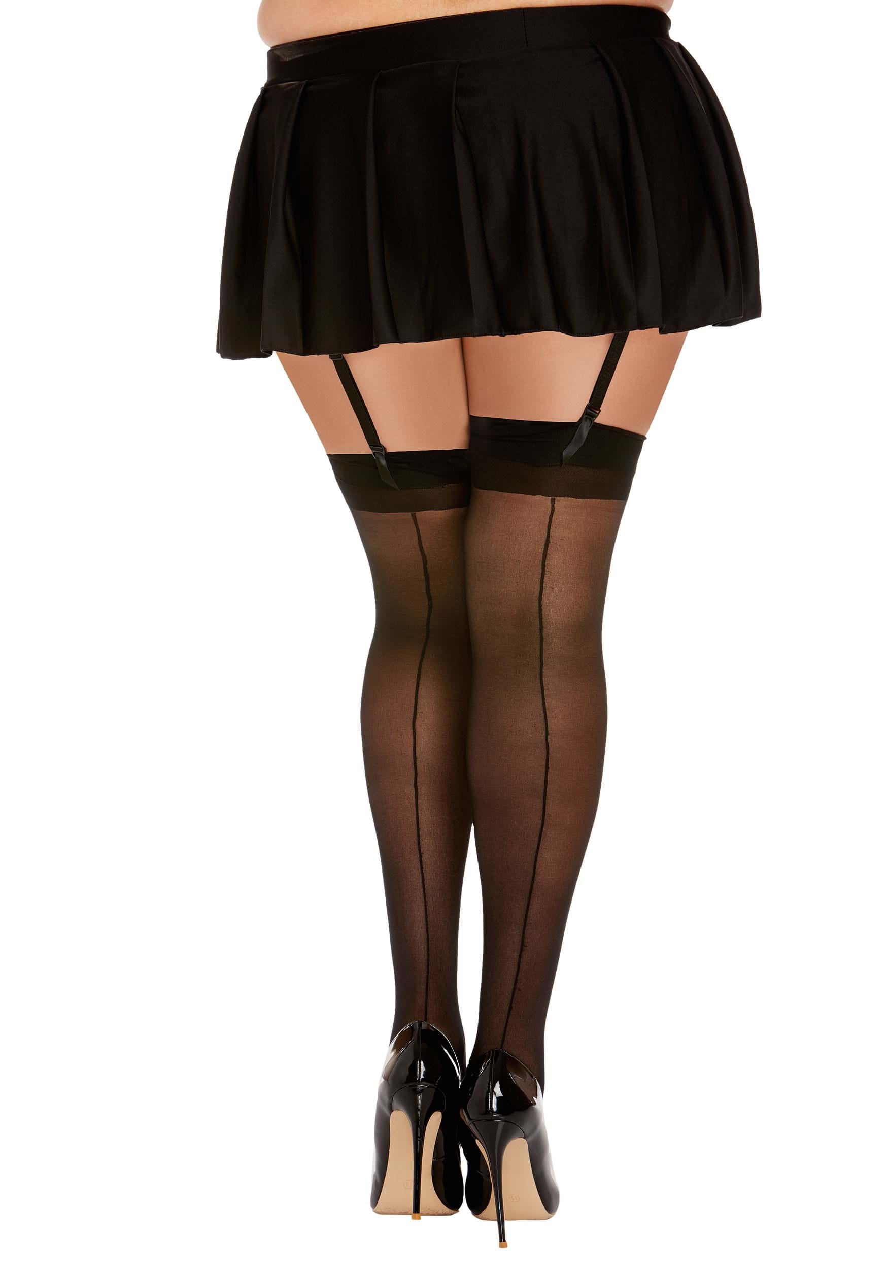 Plus Size Black Thigh High Stockings with Back Seam for Adults
