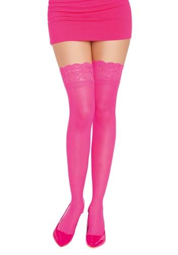 Neon Pink Anti-Slip Thigh High Stockings with Lace Top for Adults