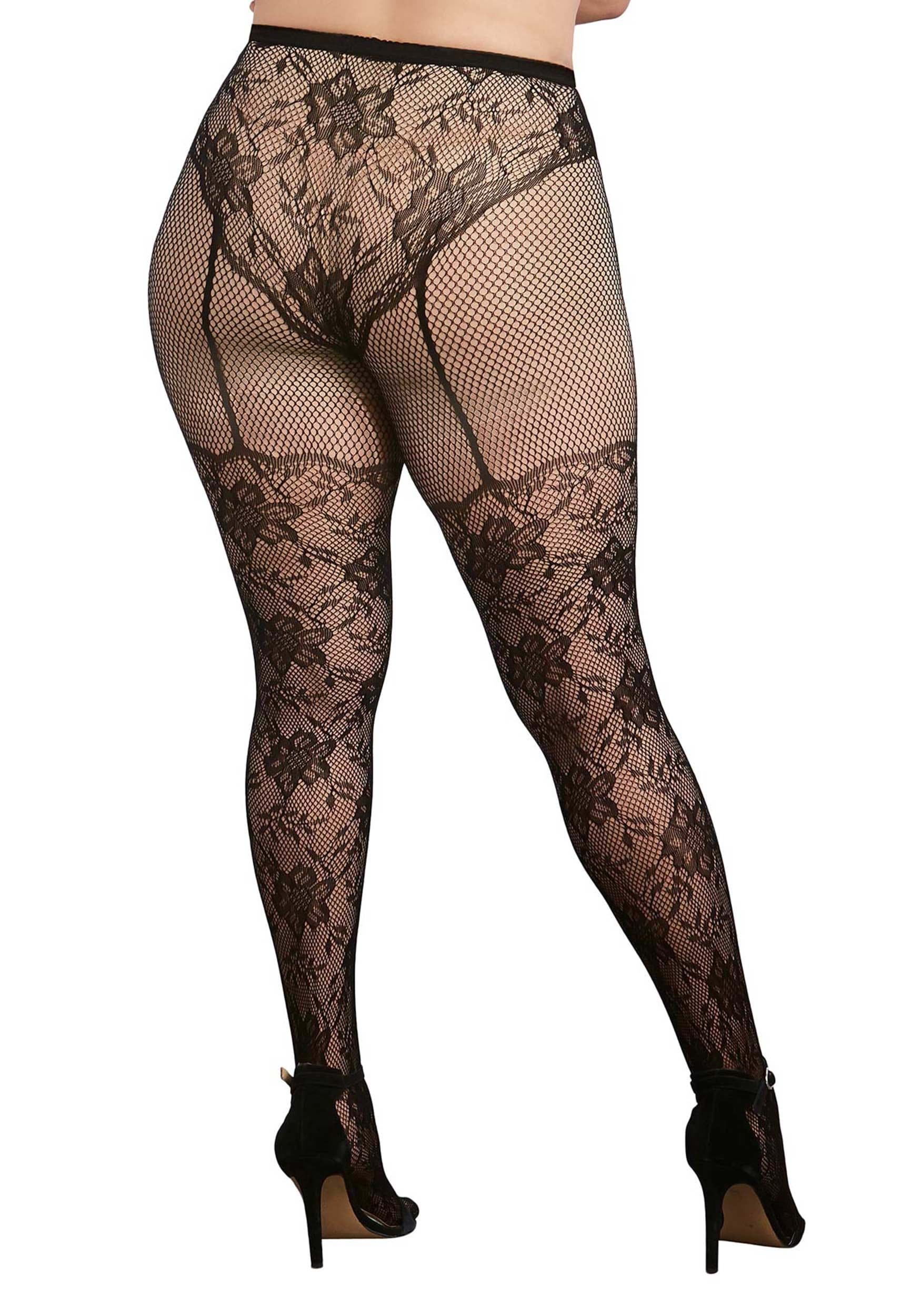 Black Lace Print Women's Fishnets With Faux Panty