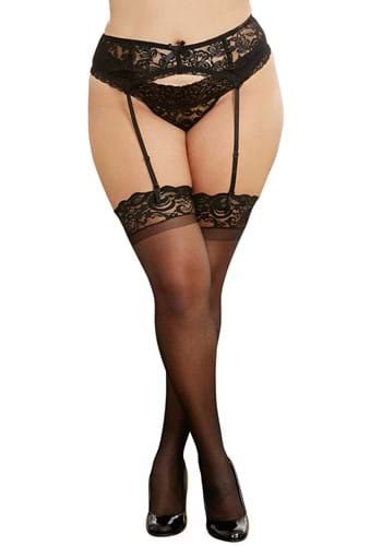 Click Here to buy Plus Size Black Stretch Scalloped Lace Womens Garter Belt | Plus Size Tights from HalloweenCostumes, CDN Funds & Shipping