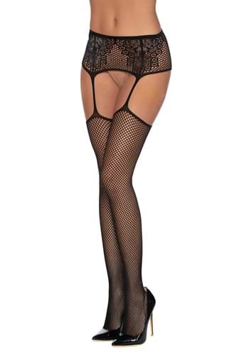 Black High Waist Lace Print Fishnet Womens Garter Belt