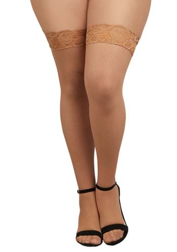 Plus Size Beige Lace Top Thigh High Fishnet Stockings for Women