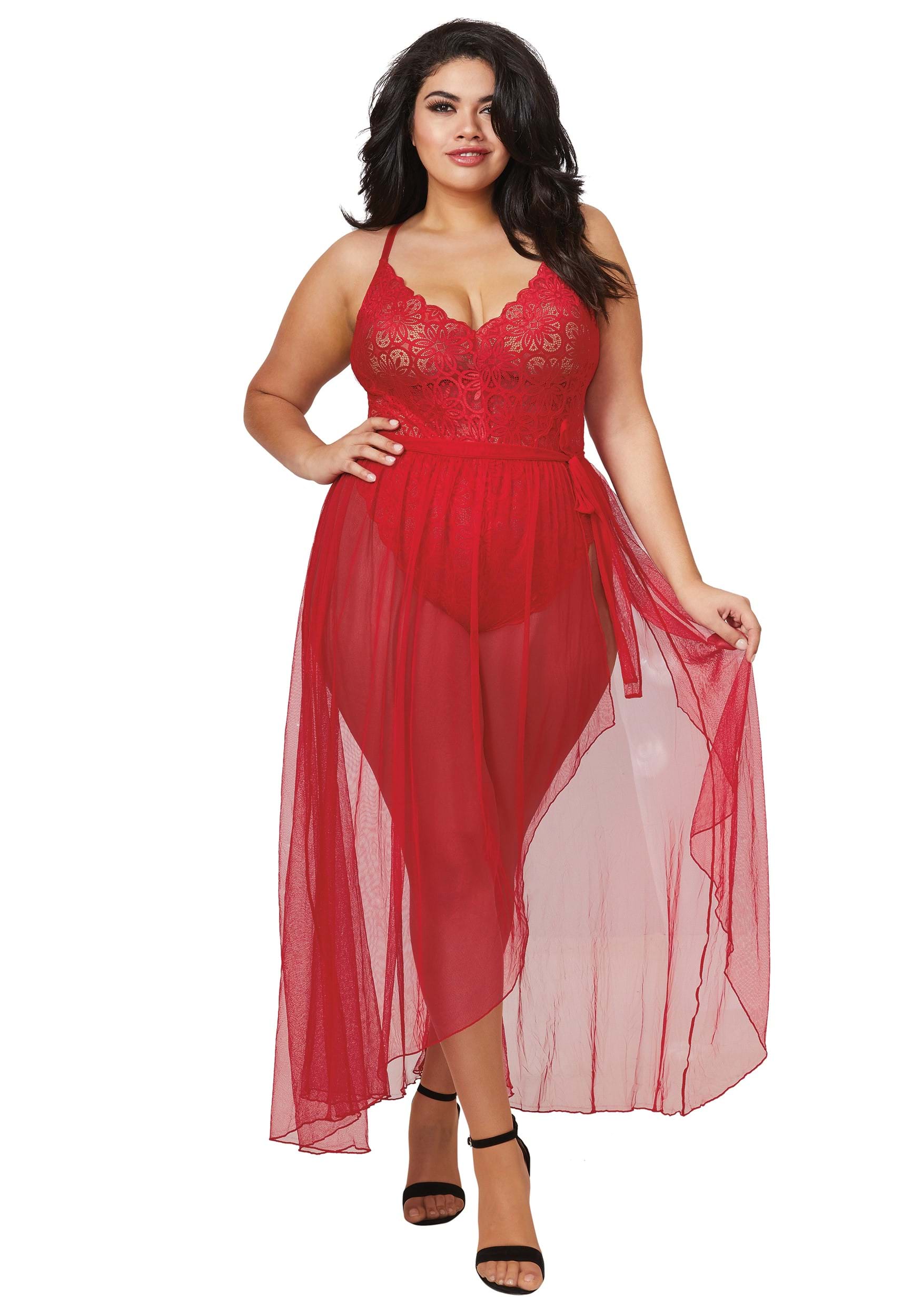 Women's Plus Size Stretch Lace Teddy & Sheer Skirt Set , Adult Lingerie