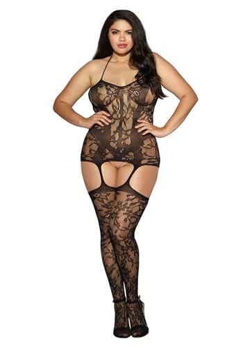 Click Here to buy Plus Size Black Lace & Opaque Seam Garter Dress for Women | Plus Size Tights from HalloweenCostumes, CDN Funds & Shipping