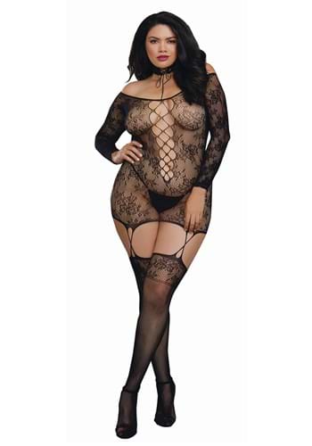 Womens Plus Size Black Lace Patterned Knit Garter Dress with Stockings
