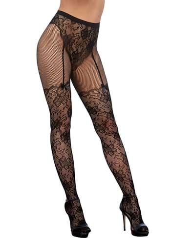 Click Here to buy Womens Black Lace Print Fishnets High Waisted Tights with Faux Panty from HalloweenCostumes, CDN Funds & Shipping