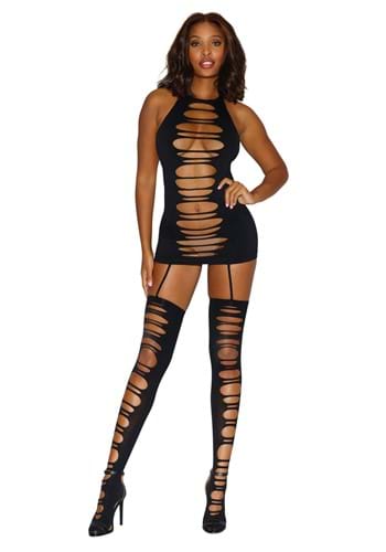 Womens Opaque Slash Black Garter Dress | Black Tights