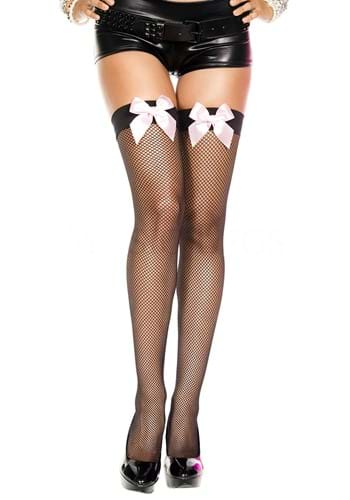 Womens Black Fishnet Thigh High with White Satin Bow
